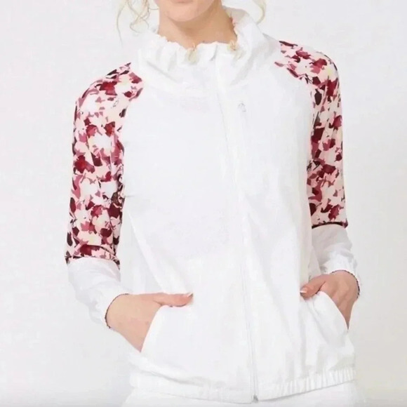 Lija White Flora Game Day Full Zip Contrast Print Floral Drawcord Golf … - Picture 1 of 16